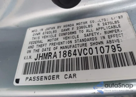 1997 Honda Odyssey Lx z USA, uszkodzony, nr VIN JHMRA1864VC010795